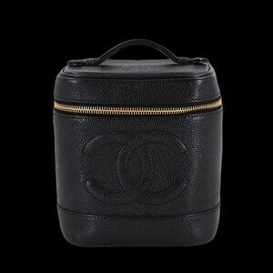 Chanel Vanity Hand Bag Caviar Leather Black CC Logo Gold